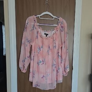 Lane Bryant Pink Floral Blouse Pleated With Ruffle Neckline And Sleeves